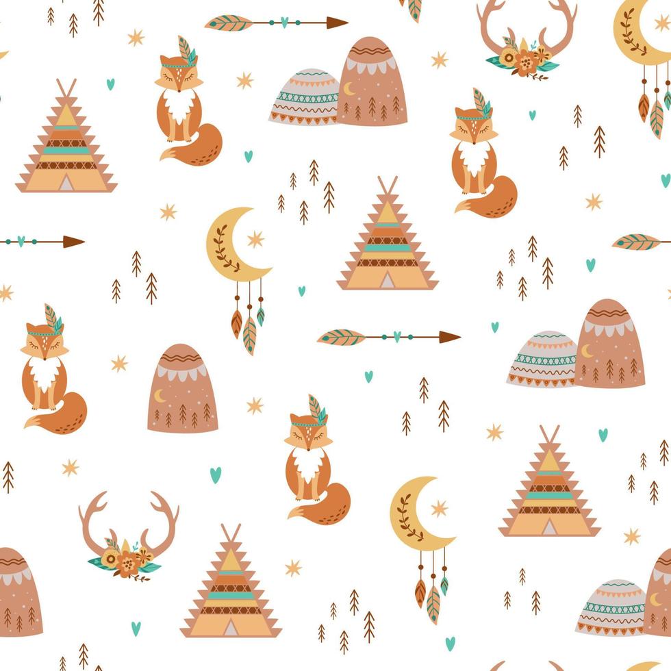 tribal kinderen patroon tipi, pijl, veren, maan, vos aztec bergen, hert toeter bloemen schattig baby boho achtergrond. naadloos klomp. vector illustratie. kinderen textiel ontwerp, pastel etnisch behang.