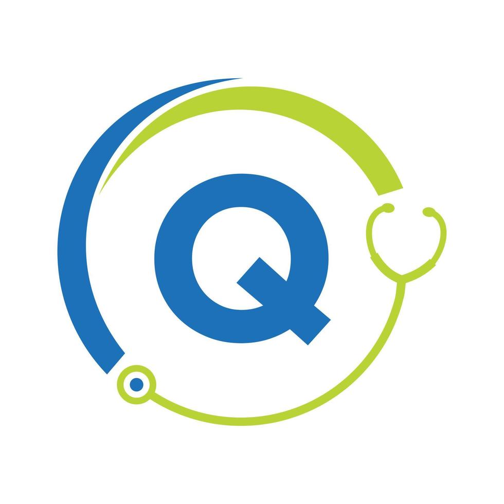 brief q gezondheidszorg symbool medisch logo sjabloon. artsen logo met stethoscoop teken vector