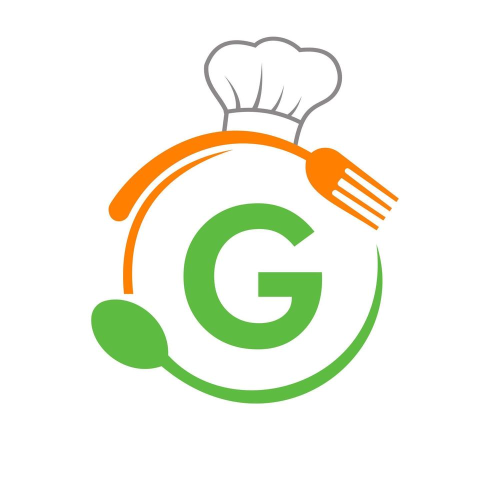 brief g logo met chef hoed, lepel en vork voor restaurant logo. restaurant logotype vector