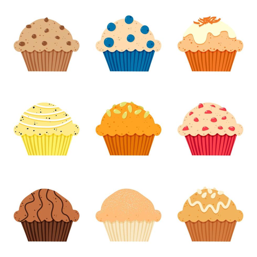 muffins reeks met verschillend toppings. bosbessen, wortel, citroen, pompoen, aardbei, chocola, appel, kaneel en banaan vullingen. vector illustratie Aan wit achtergrond.