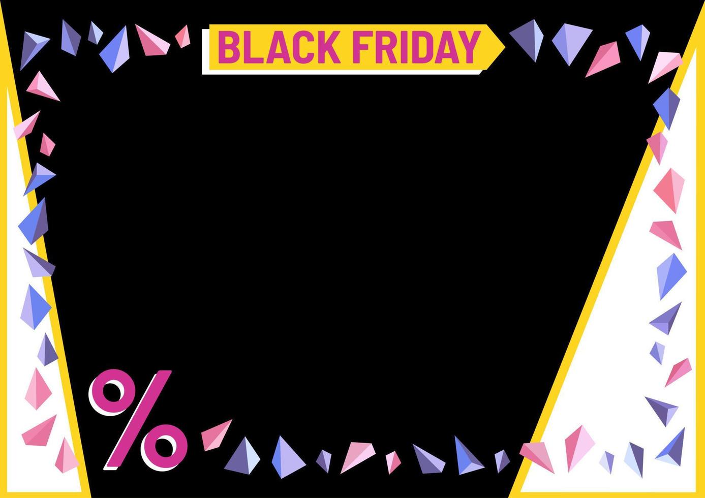 zwart vrijdag spandoek. procenten. korting. na, omslag, reclame voor web. zwart, geel, wit, roze, paars kleuren. kader of grens. driehoeken decoratie. vector
