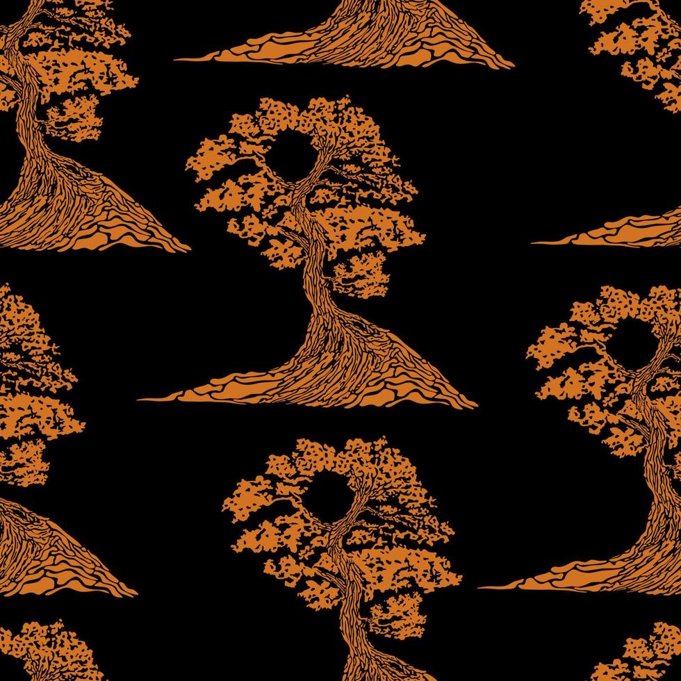 Japans bonsai boom. oranje icoon. bonsai silhouet vector illustratie Aan zwart achtergrond. ecologie, natuur, bio concept. zonsondergang met boom silhouet. ontwerp naadloos sjabloon.