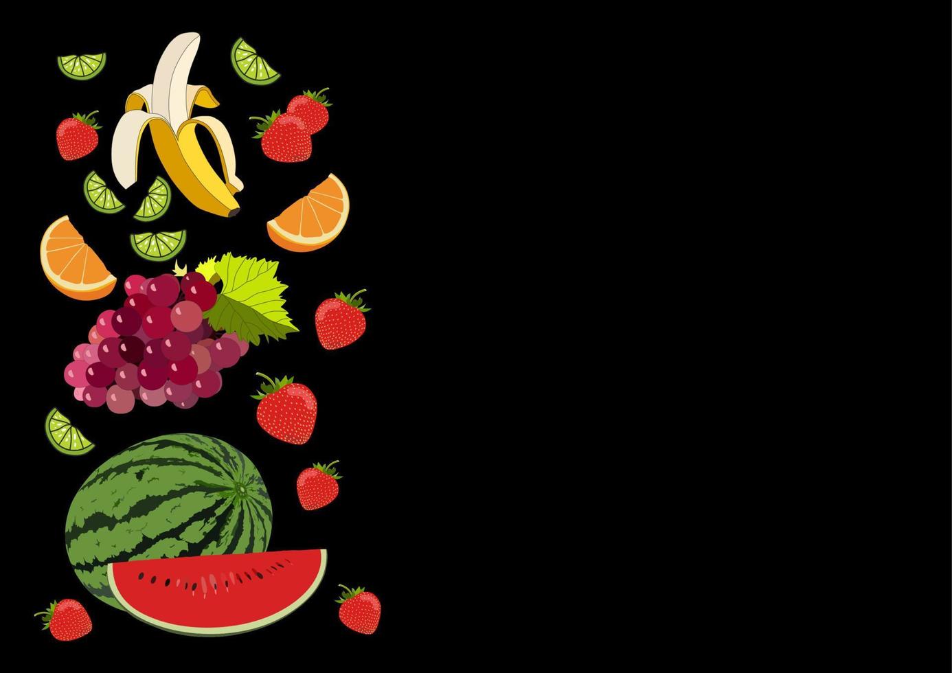 fruit Aan zwart achtergrond. menu sjabloon. watermeloen, limoen, oranje, druif, banaan. vector