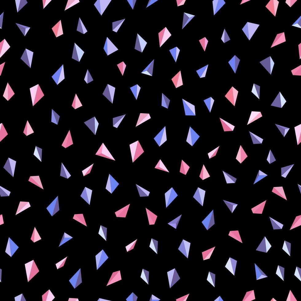 naadloos patroon. blauw en roze driehoeken Aan zwart achtergrond. omhulsel papier, afdrukken, textiel, kleding stof. diamanten, Kristallen. nacht lucht. meetkundig vormen. vector