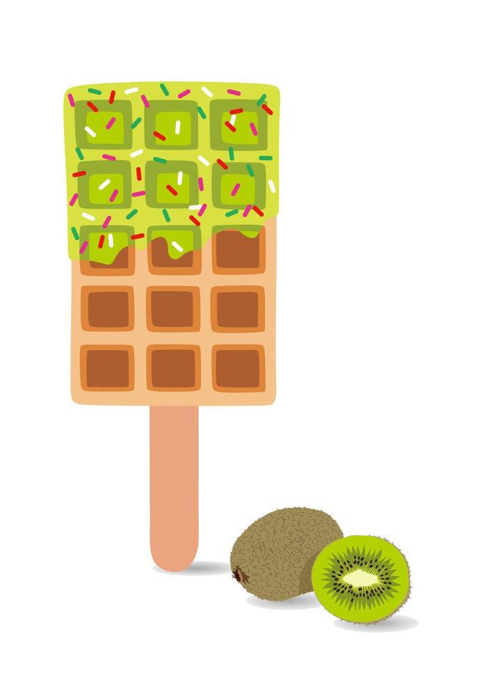 zoet voedsel en toetje voedsel, vector illustratie van gouden bruin eigengemaakt maïs hond of heet hond wafel Aan een stok in divers smaken decoraties en groen chocola met geheel kiwi en voor de helft kiwi.