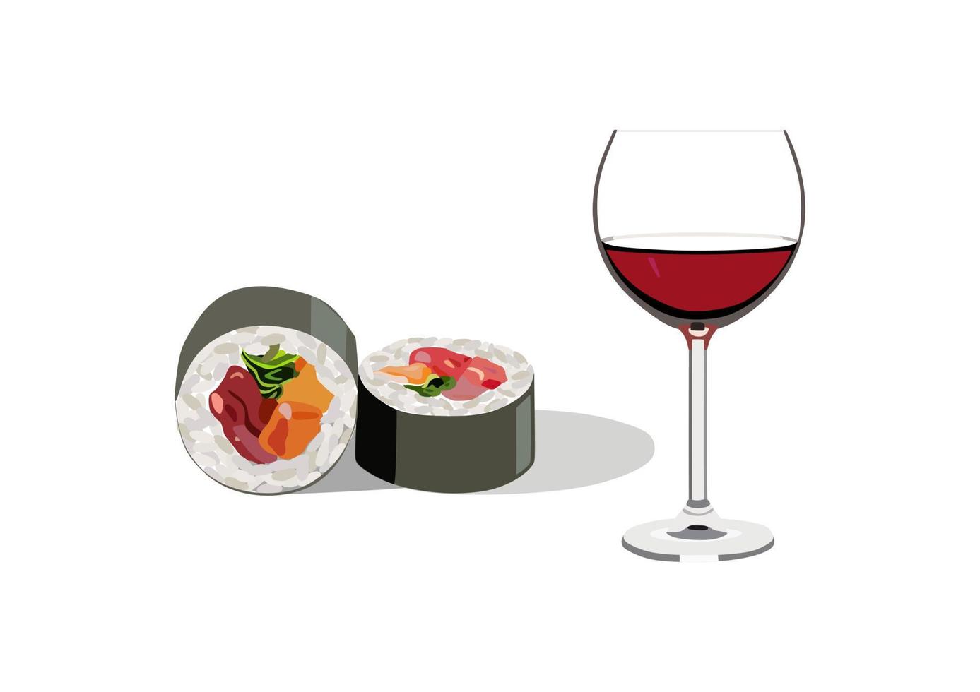 twee plakjes sushi en glas van wijn. vector. rood wijn. alcohol. menu icoon. vector
