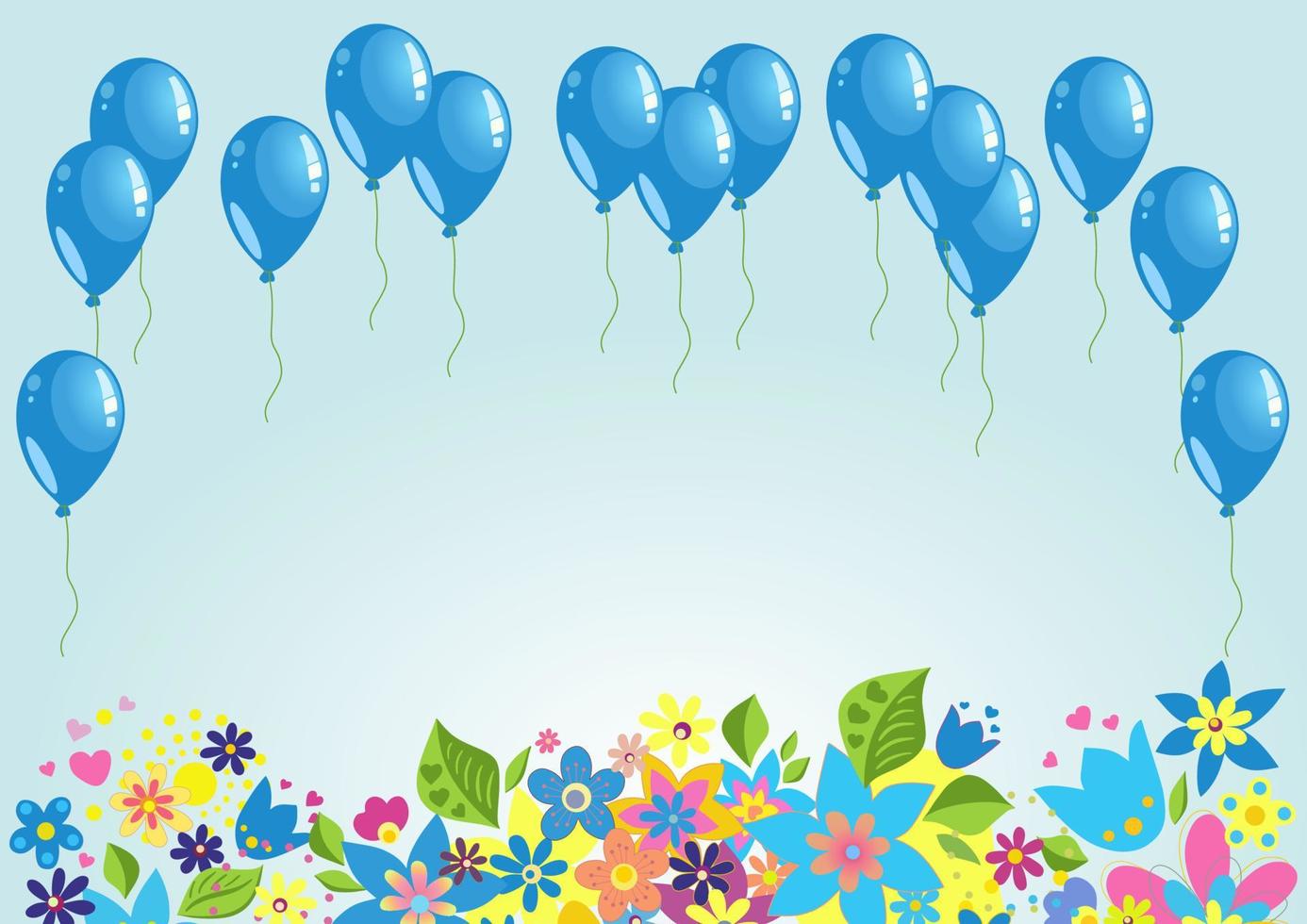 vliegend blauw ballonnen Aan natuur achtergrond. verjaardag jongen ballonnen vliegend over- gras en bloemen Aan lucht achtergrond. vakantie thema met ballonnen. illustratie kan worden gebruikt voor poster, kaart, website, banners vector