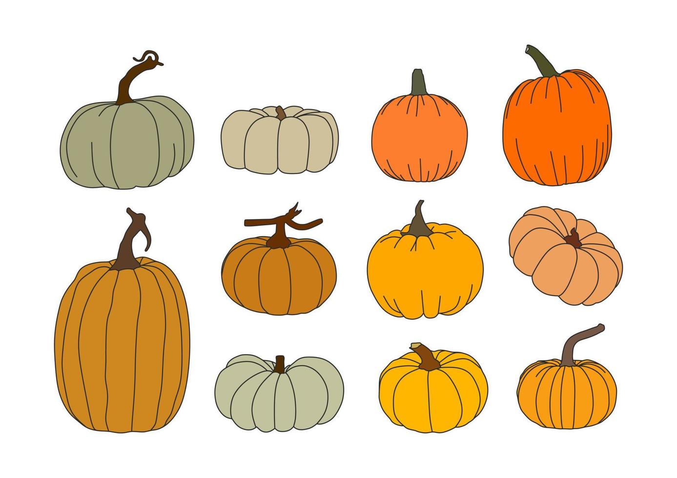 pompoen set. verschillend maten en kleuren. halloween viering. vector