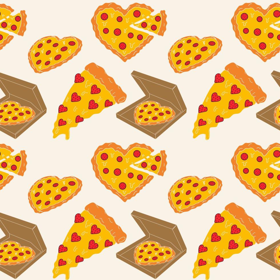 naadloos patroon met pizza in de het formulier van een hart. Valentijnsdag dag concept vector