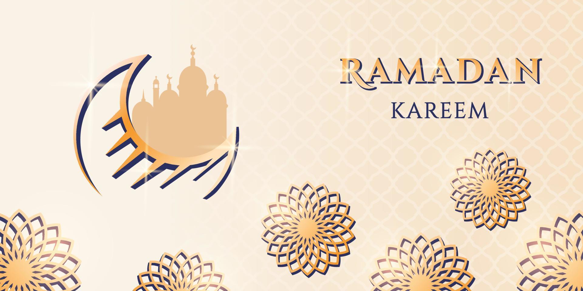 Ramadan kareem groet kaart. realistisch 3d banier met moskee silhouet, goud bloemen, maan, patroon. nationaal religieus vakantie. eid mubarak spandoek. vector illustratie