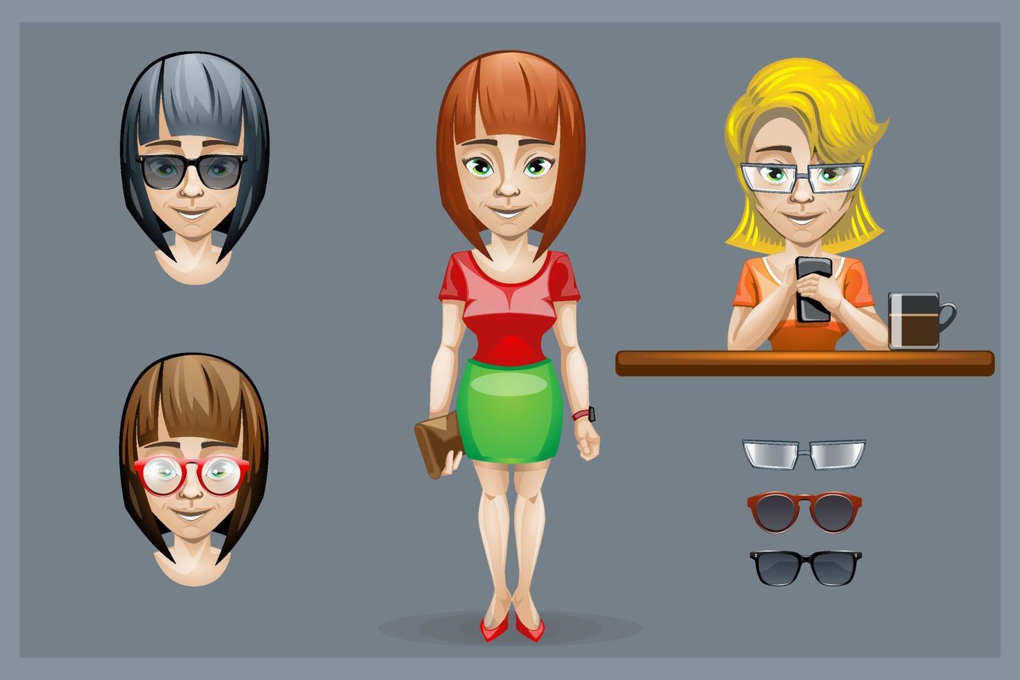 reeks van meisje karakter met verschillend kapsels en bril. vector