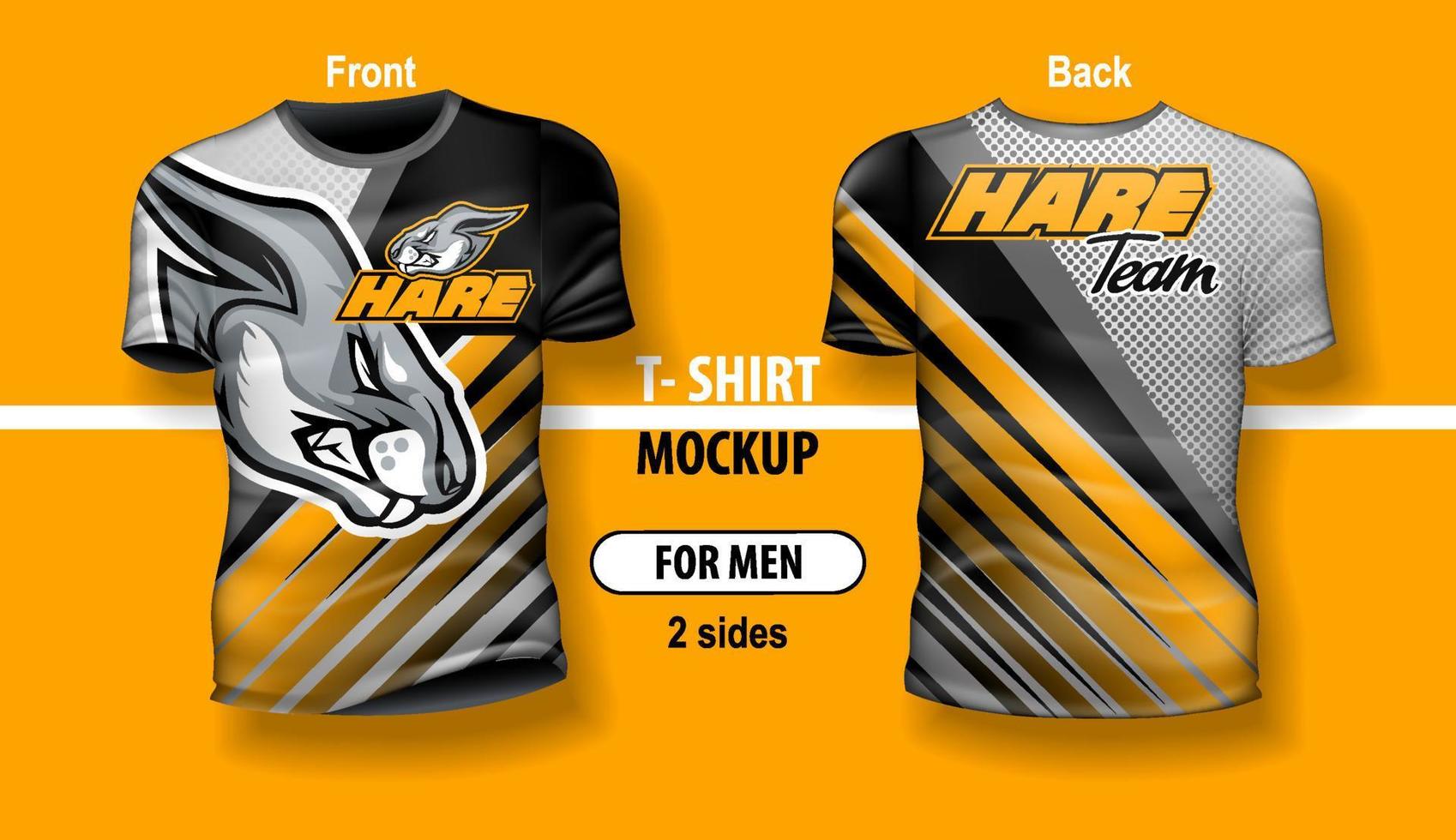 t-shirt voor Mens voorkant en terug met haas team logo. mock-up voor dubbelzijdig afdrukken, gelaagde en bewerkbaar. vector