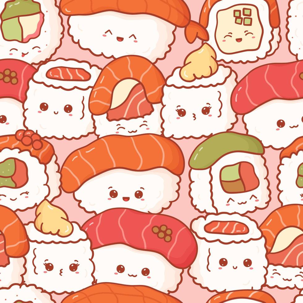 naadloos patroon met tekenfilm kawaii sushi en broodjes. schattig anime afdrukken voor telefoon geval, achtergronden, mode, omhulsel papier en textiel. vector illustratie