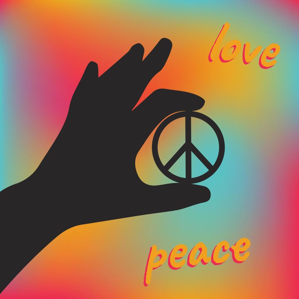 poster, sticker, knop met zwart hand- Holding vrede teken en tekst liefde, vrede in regenboog helling achtergrond vector