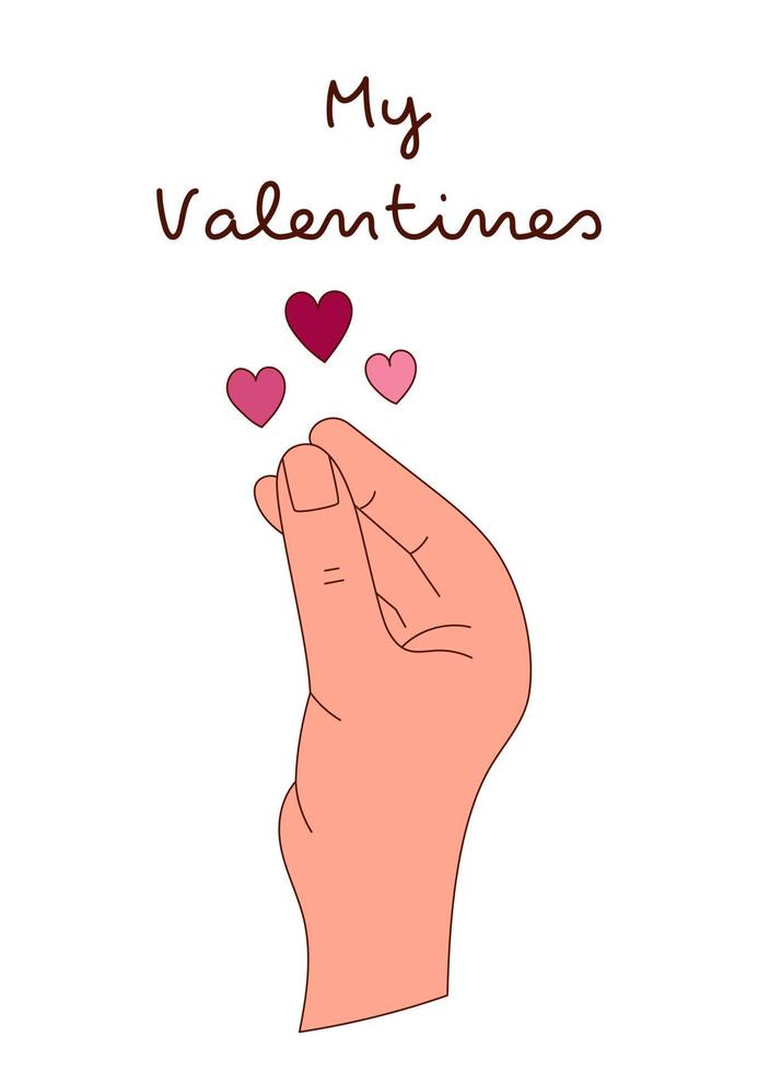 Valentijnsdag dag groet kaart met een hand- en harten. vector illustratie