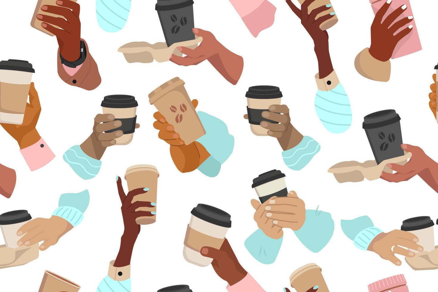 naadloos patroon. verschillend handen van multicultureel mensen Holding koffie kopjes. concept van koffie naar Gaan. vector tekenfilm illustratie.