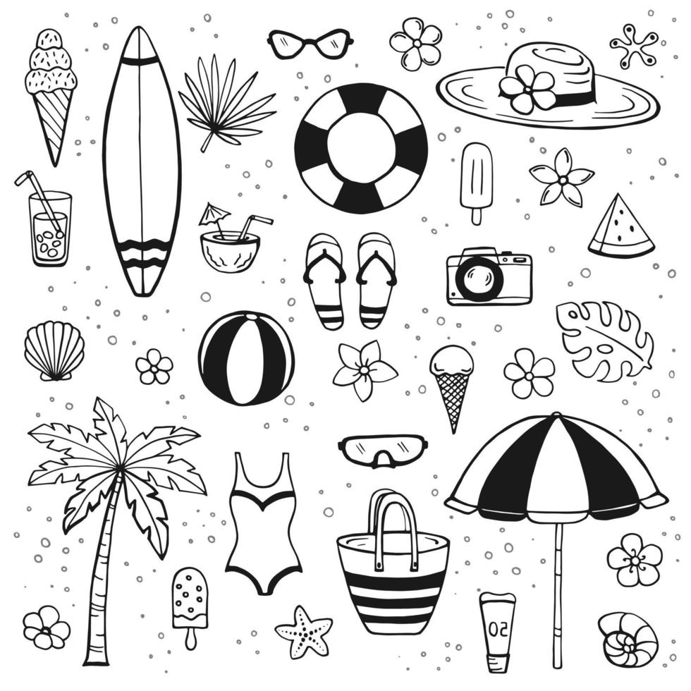 hand getrokken zomer strand set. verzameling scrapbooking-elementen voor strandfeest. vector