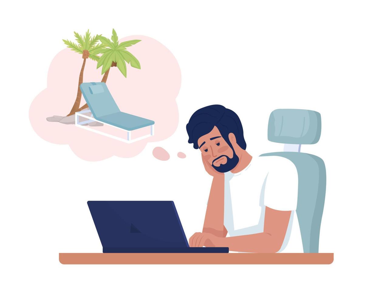 mannetje freelancer dromen over vakantie semi vlak kleur vector karakter. bewerkbare figuur. vol lichaam persoon Aan wit. gemakkelijk tekenfilm stijl illustratie voor web grafisch ontwerp en animatie