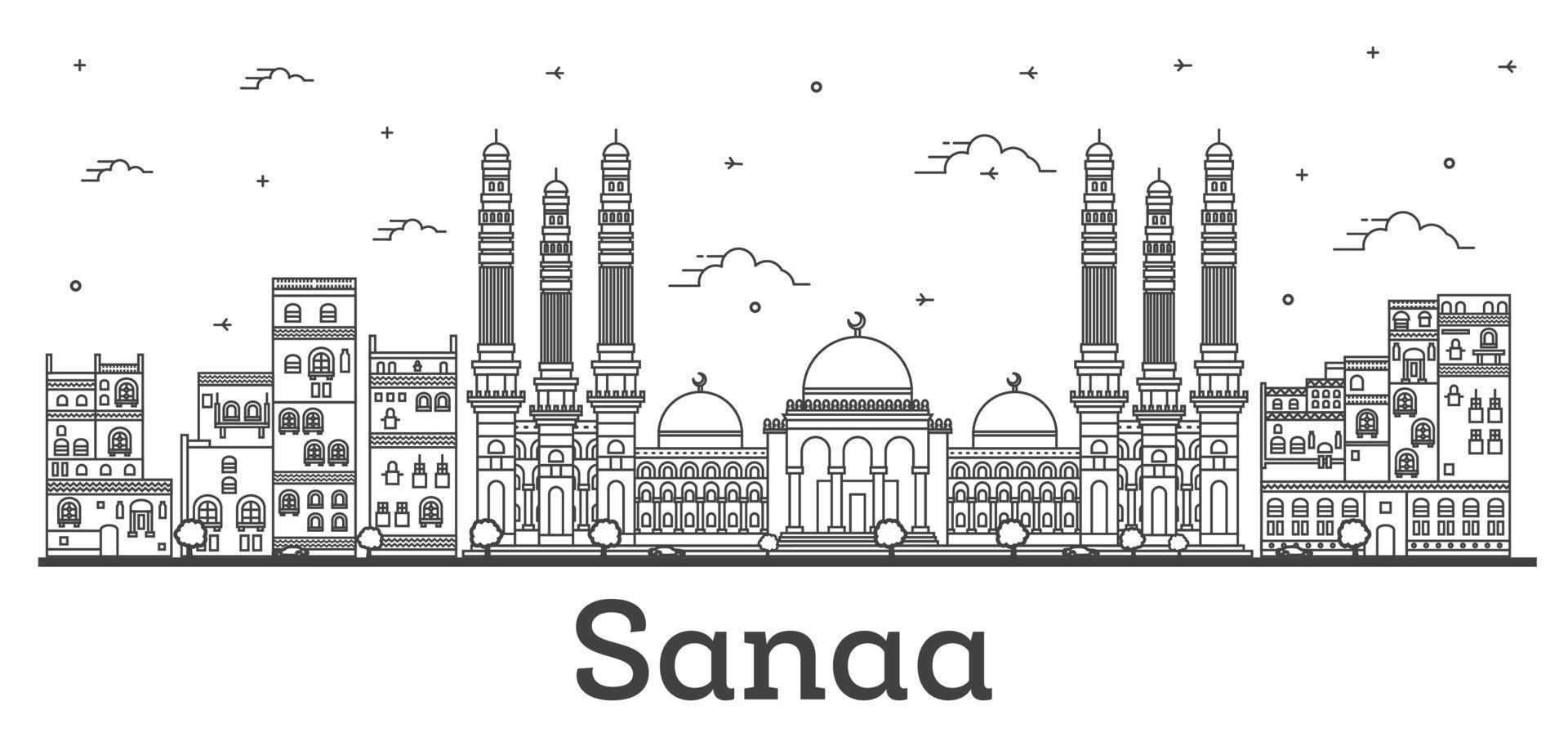 schets sanaa Jemen stad horizon met historisch gebouwen geïsoleerd Aan wit. vector