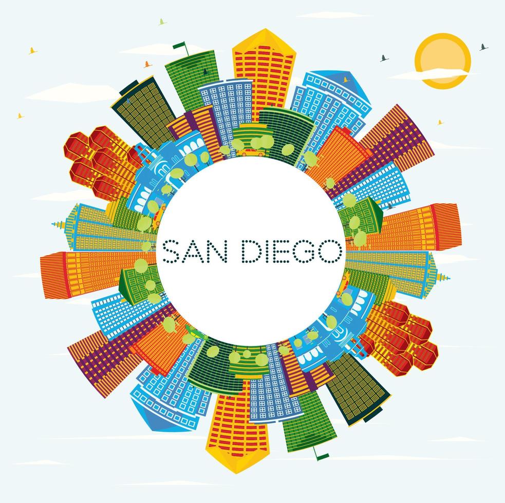 san Diego Californië stad horizon met kleur gebouwen, blauw lucht en kopiëren ruimte. vector