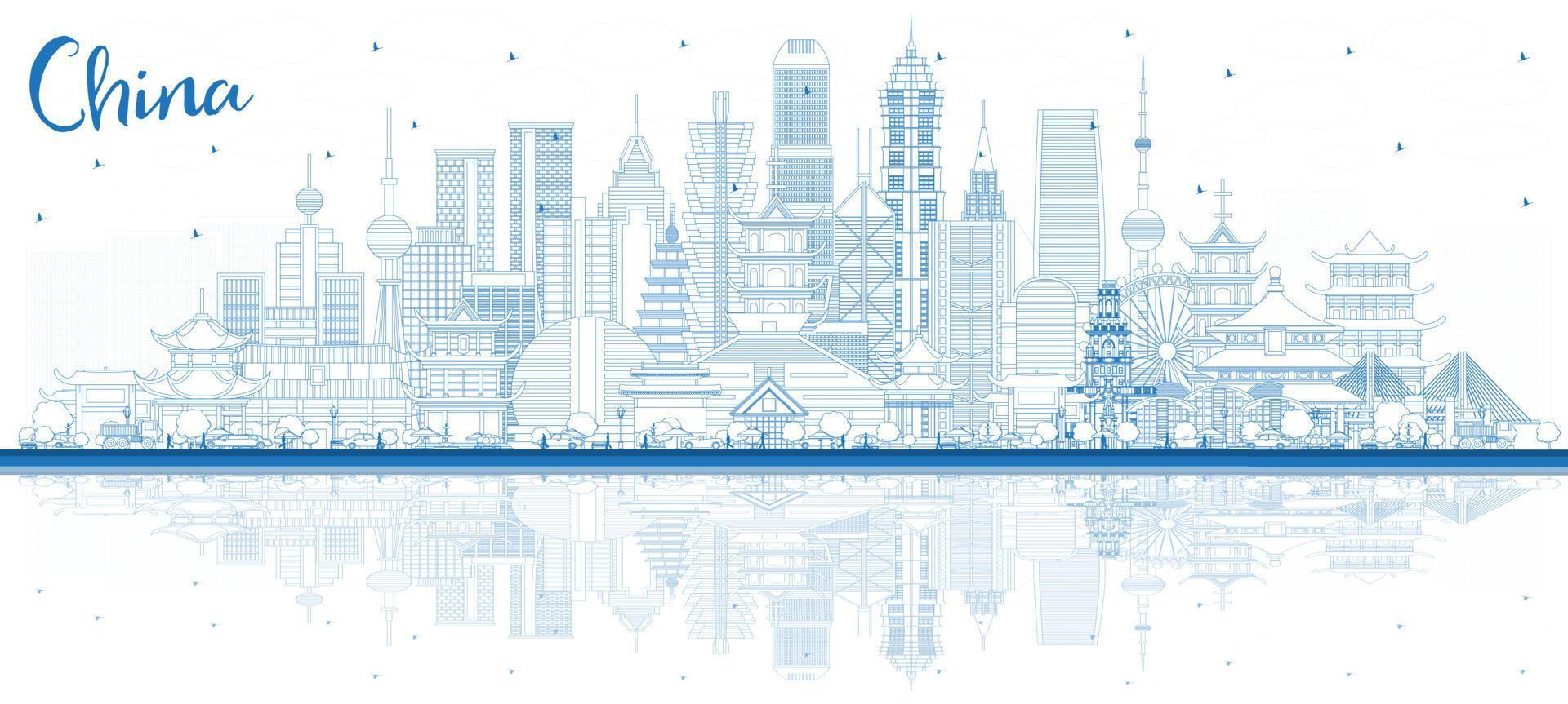 schets China stad horizon met blauw gebouwen en reflecties. vector