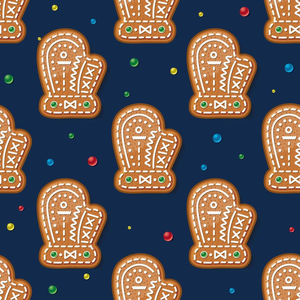 naadloos patroon met peperkoek vuisthandschoen Aan blauw. Kerstmis koekje. vector