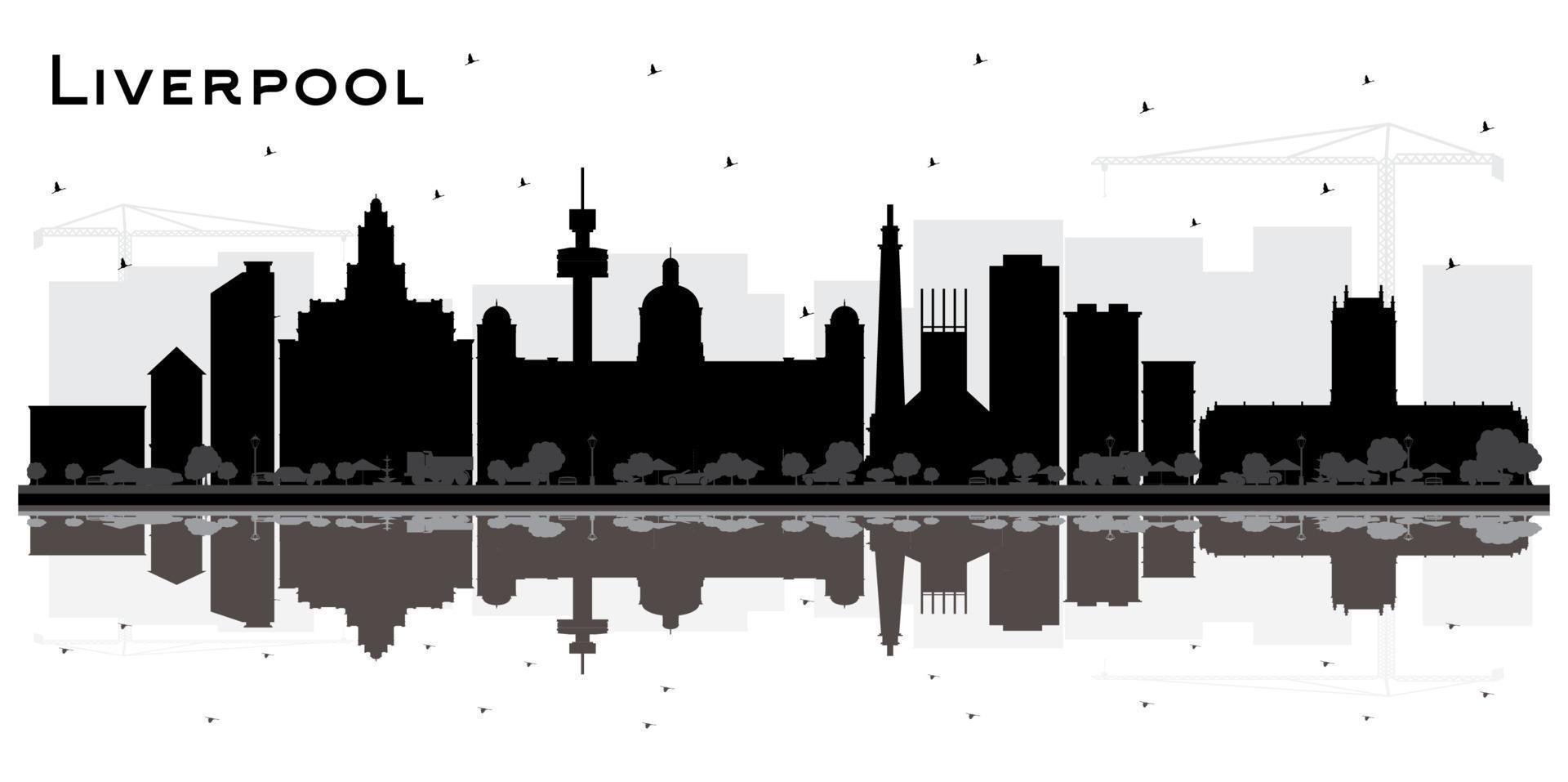 Liverpool stad horizon silhouet met zwart gebouwen en reflecties geïsoleerd Aan wit. vector