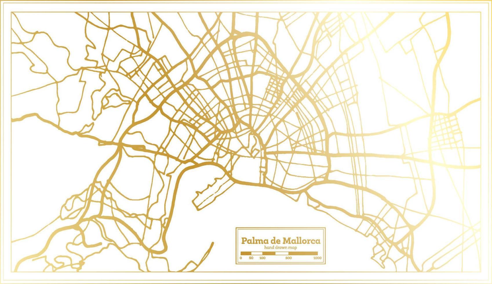 palma de Mallorca Spanje stad kaart in retro stijl in gouden kleur. schets kaart. vector