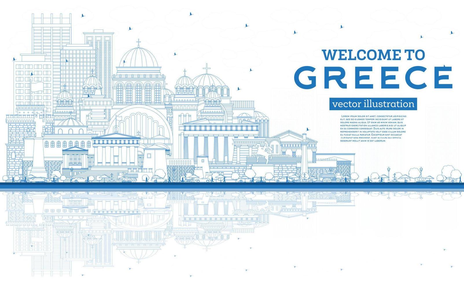 schets Welkom naar Griekenland stad horizon met blauw gebouwen en reflecties. vector