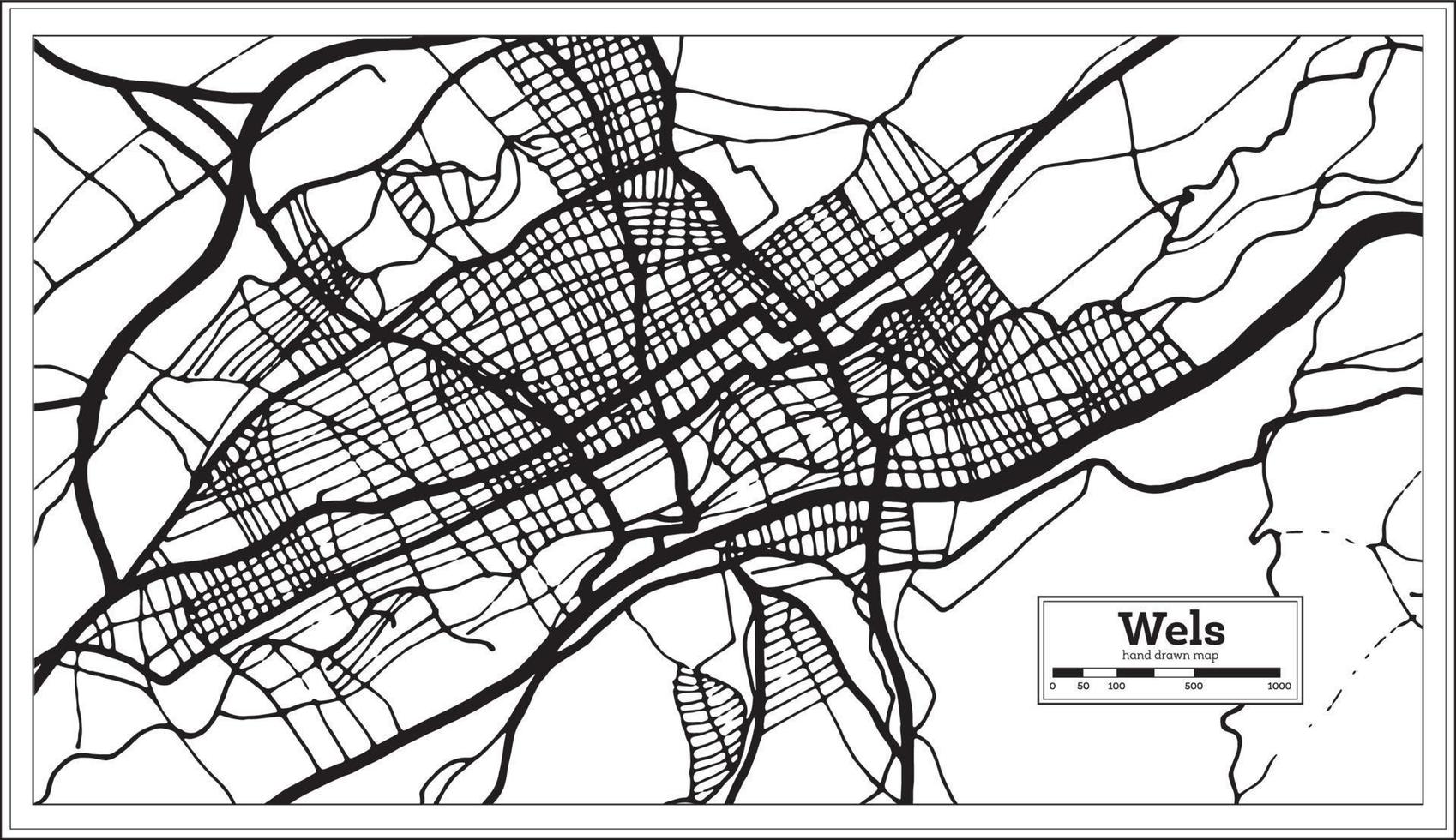 wels Oostenrijk stad kaart in zwart en wit kleur in retro stijl. schets kaart. vector
