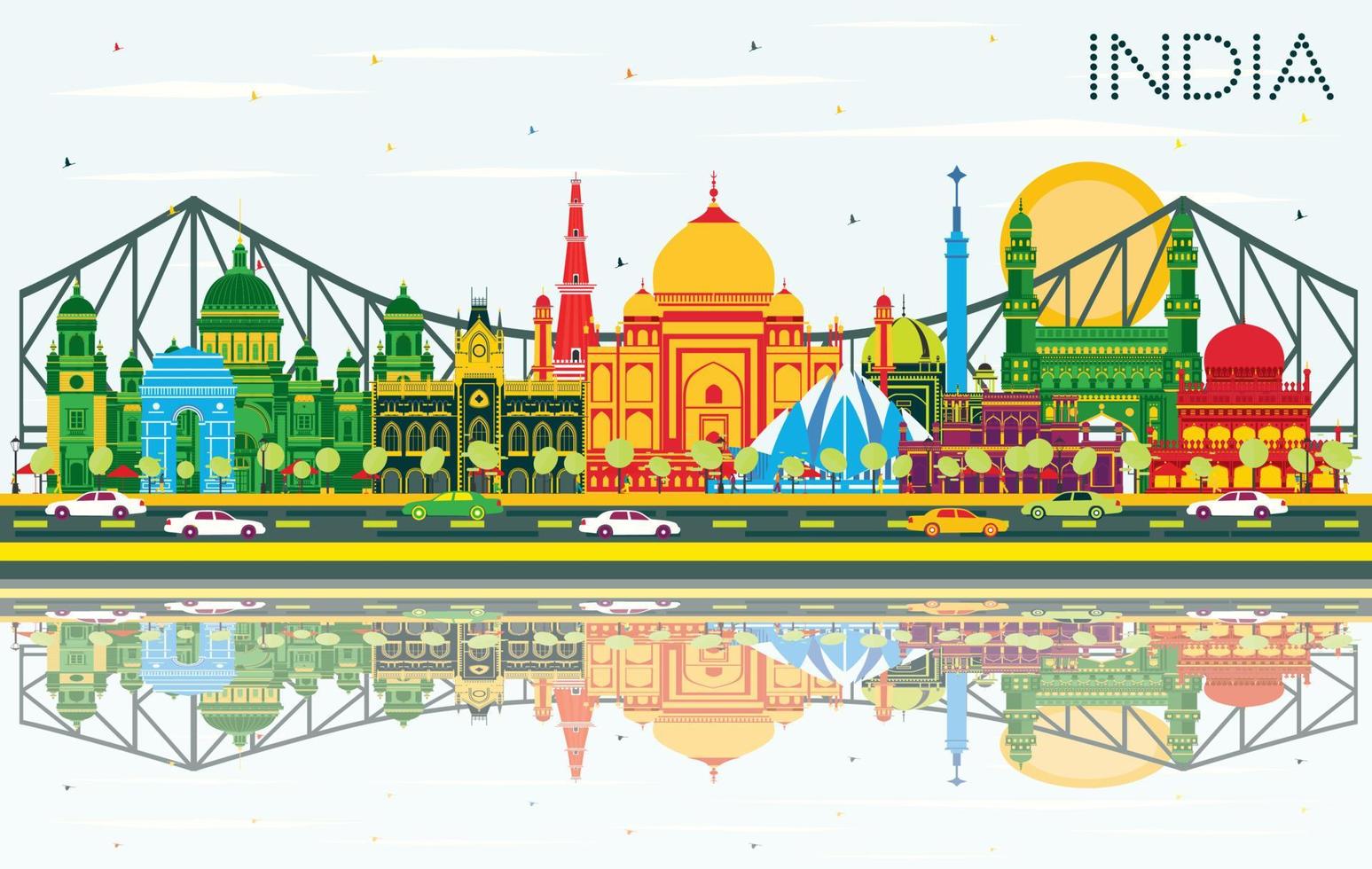 Indië stad horizon met kleur gebouwen, blauw lucht en reflecties. vector