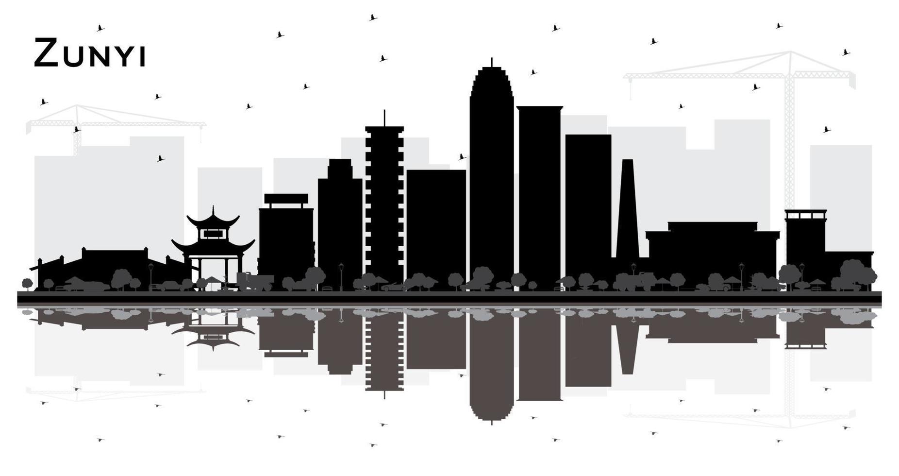 zunyi China stad horizon silhouet met zwart gebouwen en reflecties geïsoleerd Aan wit. vector