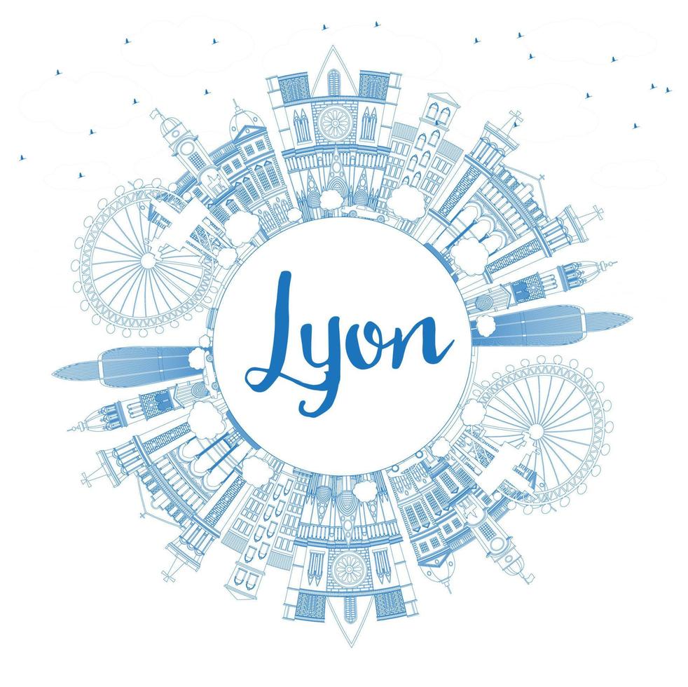 schets Lyon Frankrijk stad horizon met blauw gebouwen en kopiëren ruimte. vector