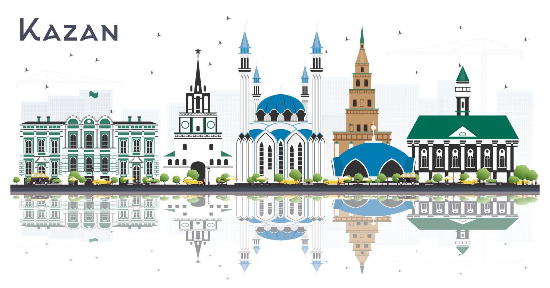 Kazan Rusland stad horizon met kleur gebouwen en reflecties geïsoleerd Aan wit. vector