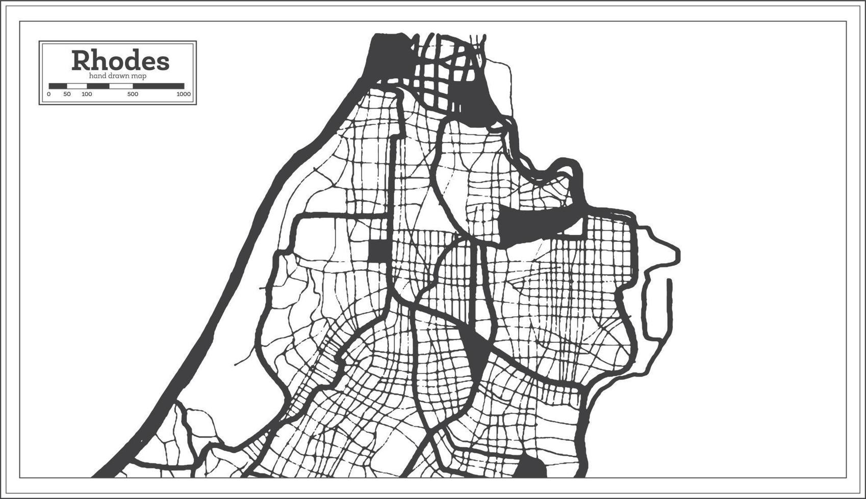 rhodes Griekenland stad kaart in zwart en wit kleur in retro stijl. schets kaart. vector