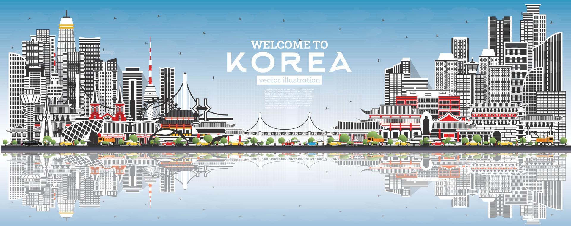 Welkom naar zuiden Korea stad horizon met grijs gebouwen, blauw lucht en reflecties. vector