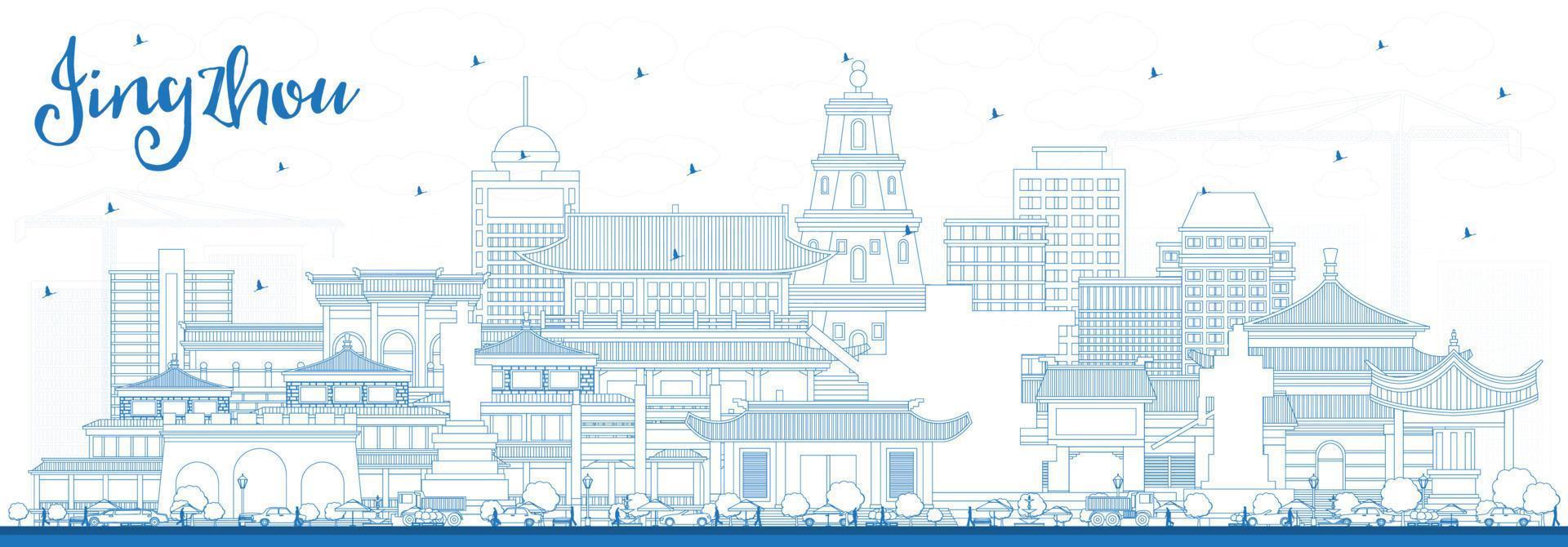 schets jingzhou China stad horizon met blauw gebouwen. vector