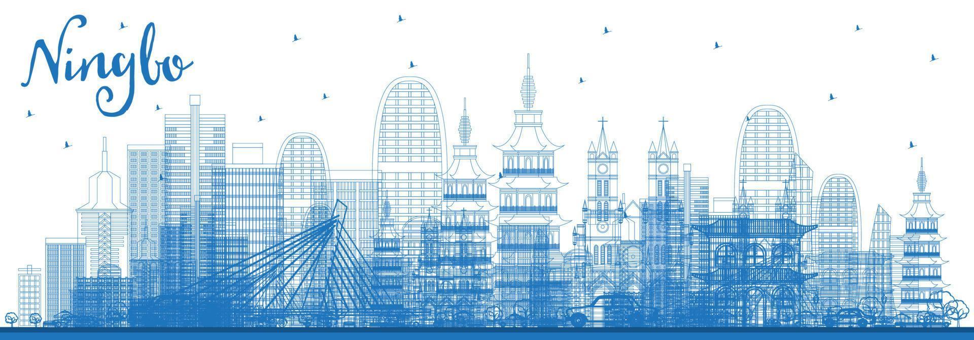 schets ningbo China stad horizon met blauw gebouwen. vector