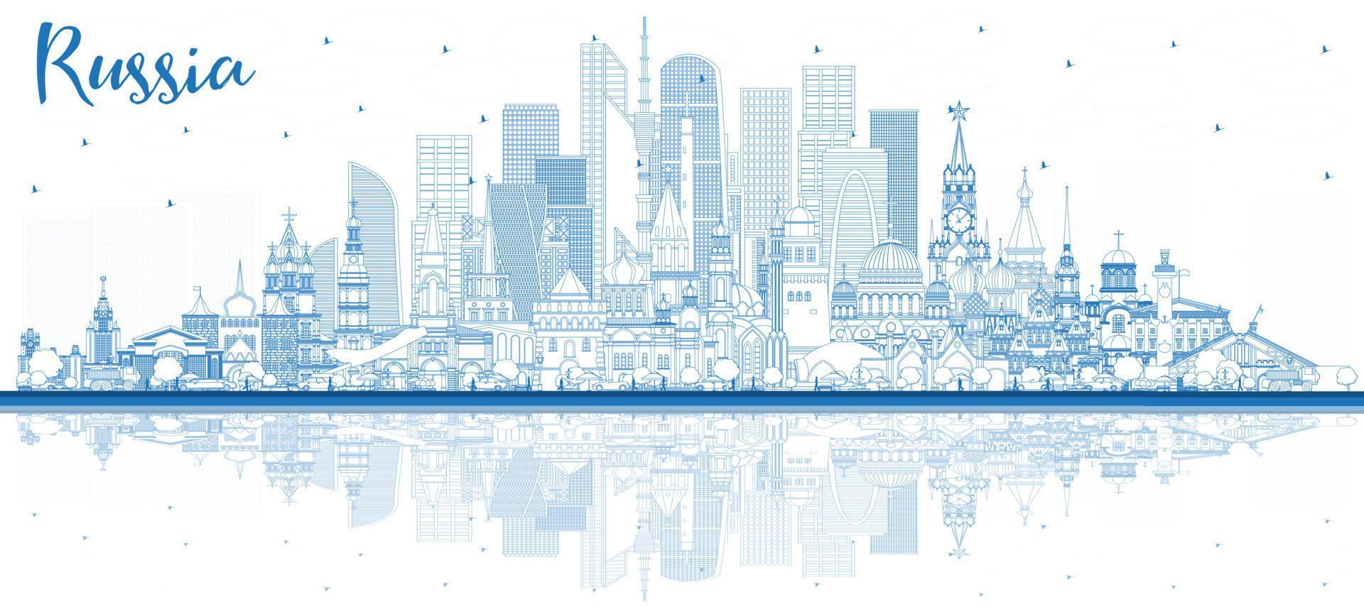 schets Rusland stad horizon met blauw gebouwen en reflecties. vector