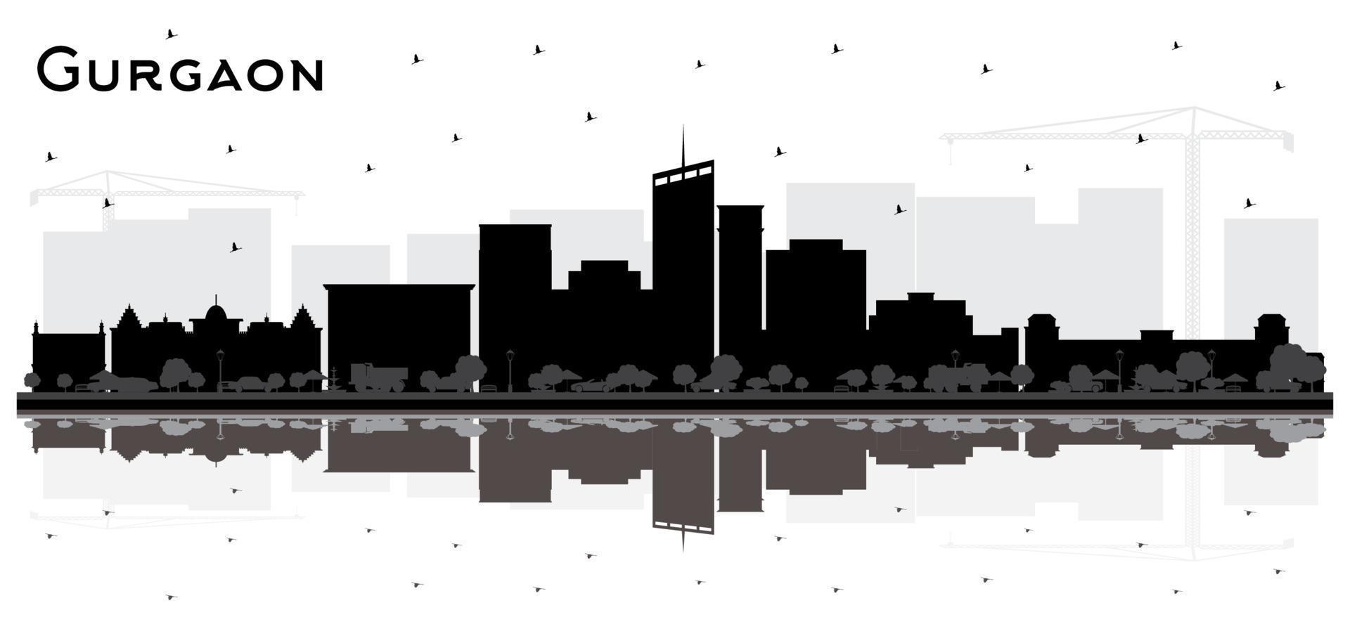 Gurgaon Indië stad horizon silhouet met zwart gebouwen en reflecties geïsoleerd Aan wit. vector