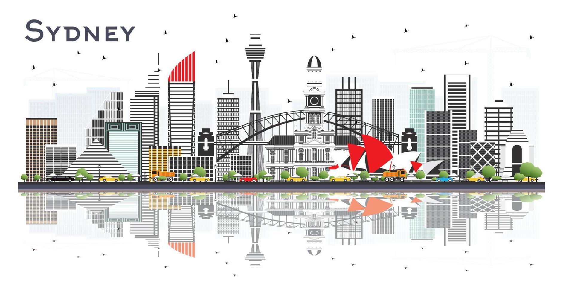 Sydney Australië stad horizon met grijs gebouwen en reflecties geïsoleerd Aan wit achtergrond. vector