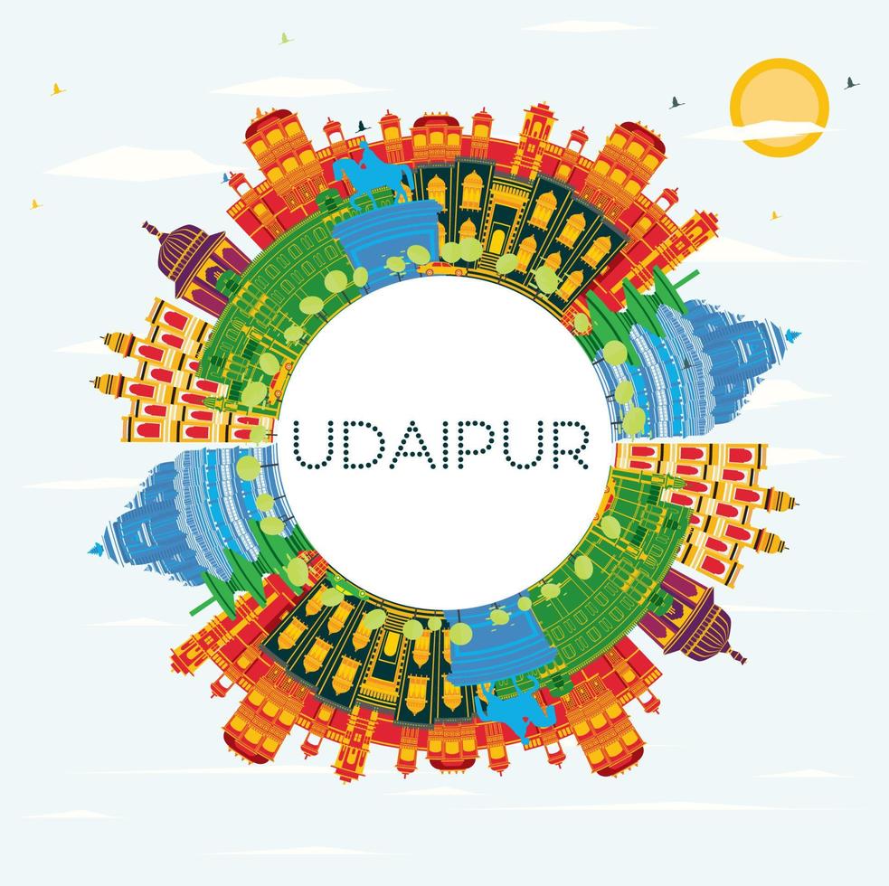 udaipur Indië stad horizon met kleur gebouwen, blauw lucht en kopiëren ruimte. vector