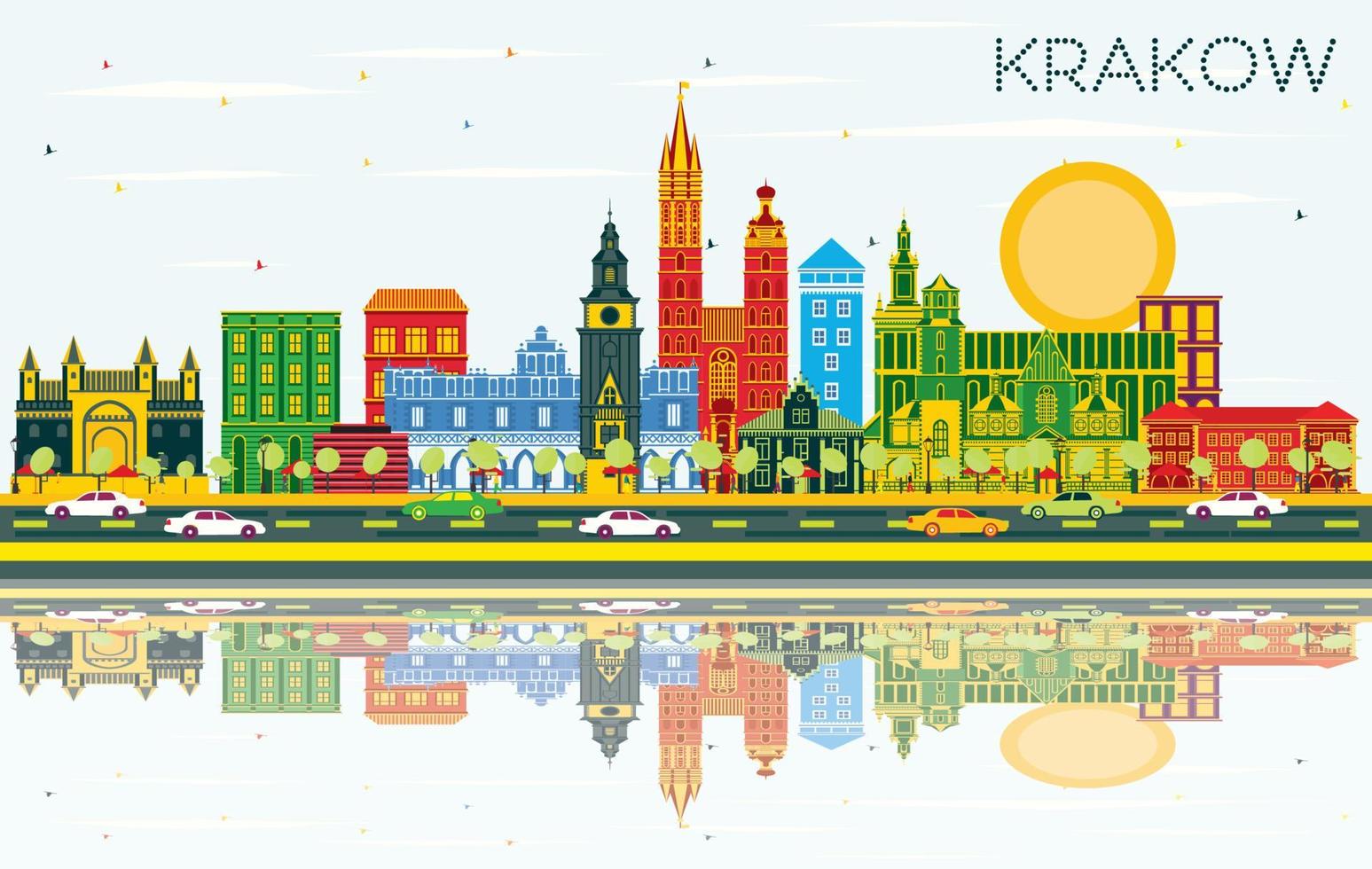 Krakau Polen stad horizon met kleur gebouwen, blauw lucht en reflecties. vector