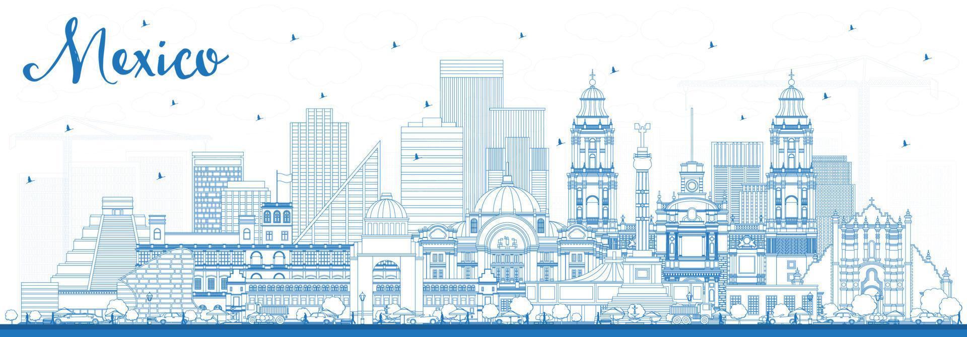 schets Mexico stad horizon met blauw gebouwen. vector