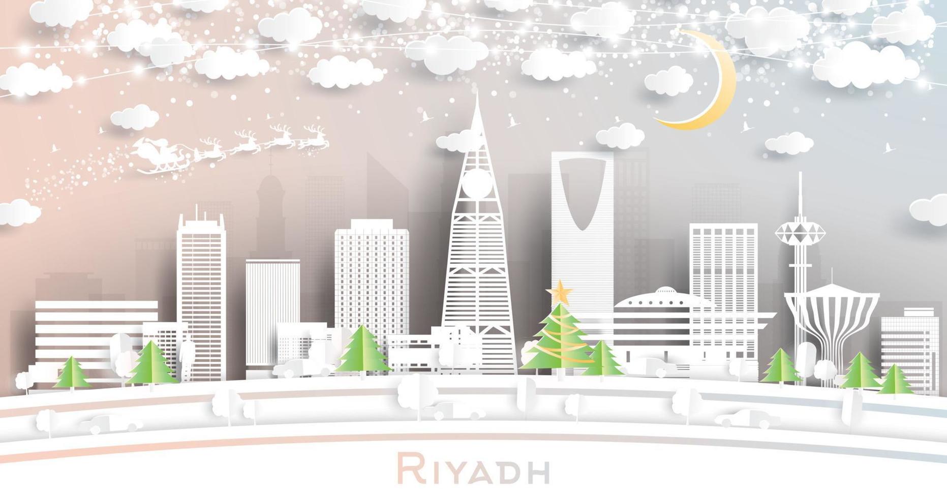 Riyadh saudi Arabië stad horizon in papier besnoeiing stijl met sneeuwvlokken, maan en neon guirlande. vector