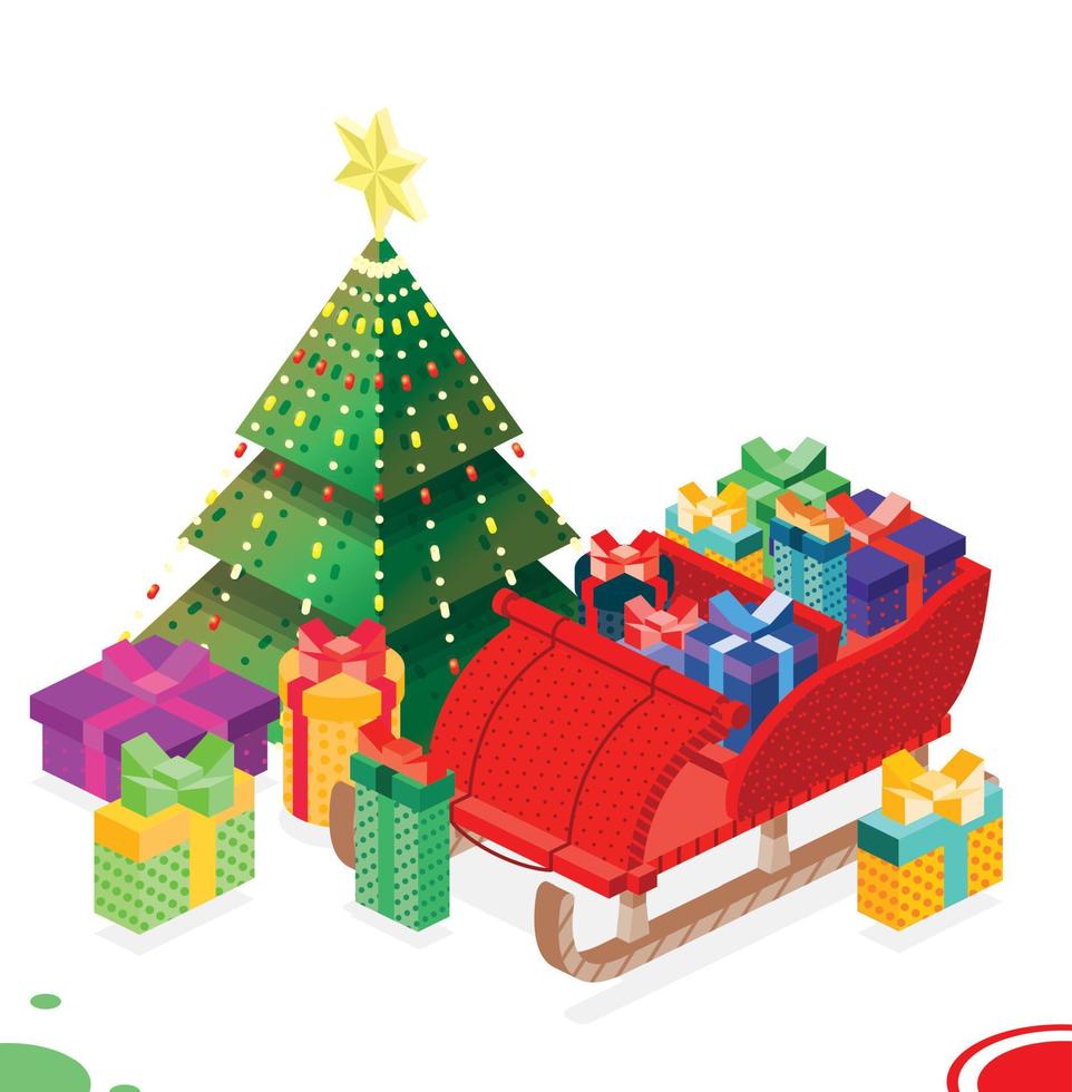 isometrische Open slee met bundel geschenk dozen en Kerstmis boom. vector