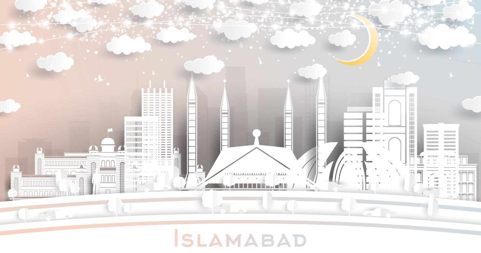 islamabad Pakistan stad horizon in papier besnoeiing stijl met wit gebouwen, maan en neon guirlande. vector