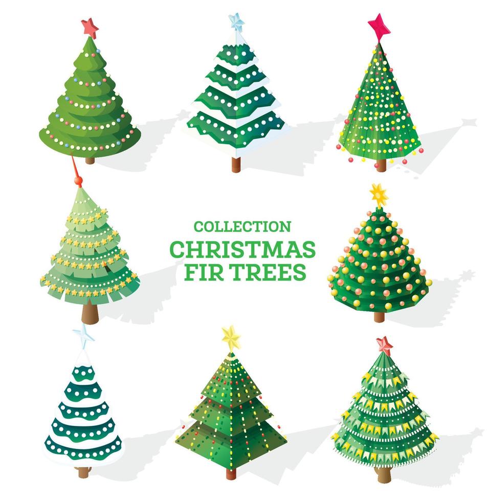 verzameling van isometrische Kerstmis bomen met slingers, sneeuw doppen, vlaggen en sterren. vector
