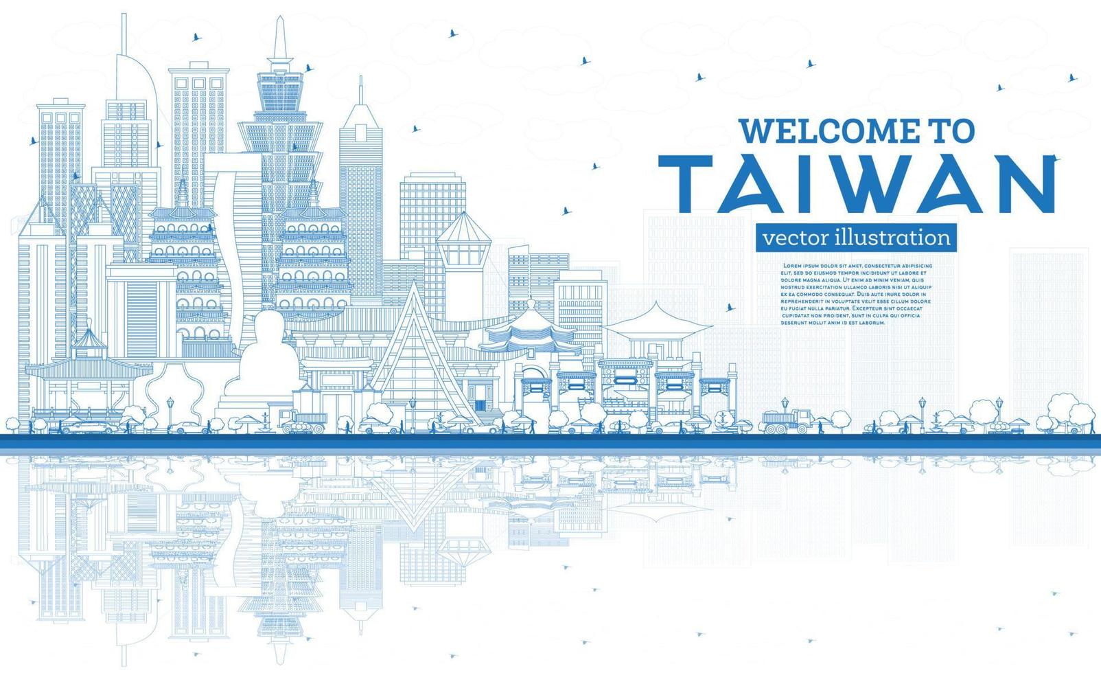 schets Welkom naar Taiwan stad horizon met blauw gebouwen en reflecties. vector