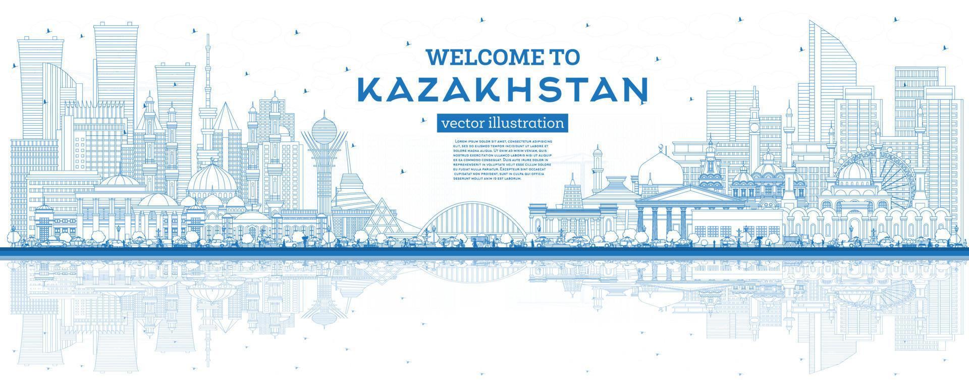 schets Welkom naar Kazachstan. stad horizon met blauw gebouwen en reflecties. vector